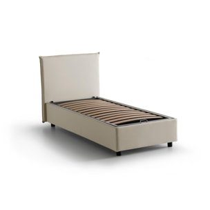 Letto singolo Catia, Letto contenitore con rivestimento in tessuto, 100% Made in Italy, Apertura frontale, con materasso Cm 80x200 incluso, Beige