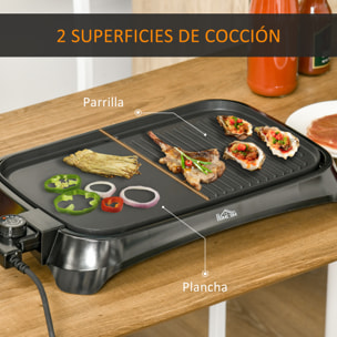 Plancha de Asar Eléctrica Cocina 1600W Aluminio con Temperatura Regulable Superficie de 40,6x25,2 cm Revestimiento Antiadherente y Bandeja de Goteo 53,5x31x8 cm Negro