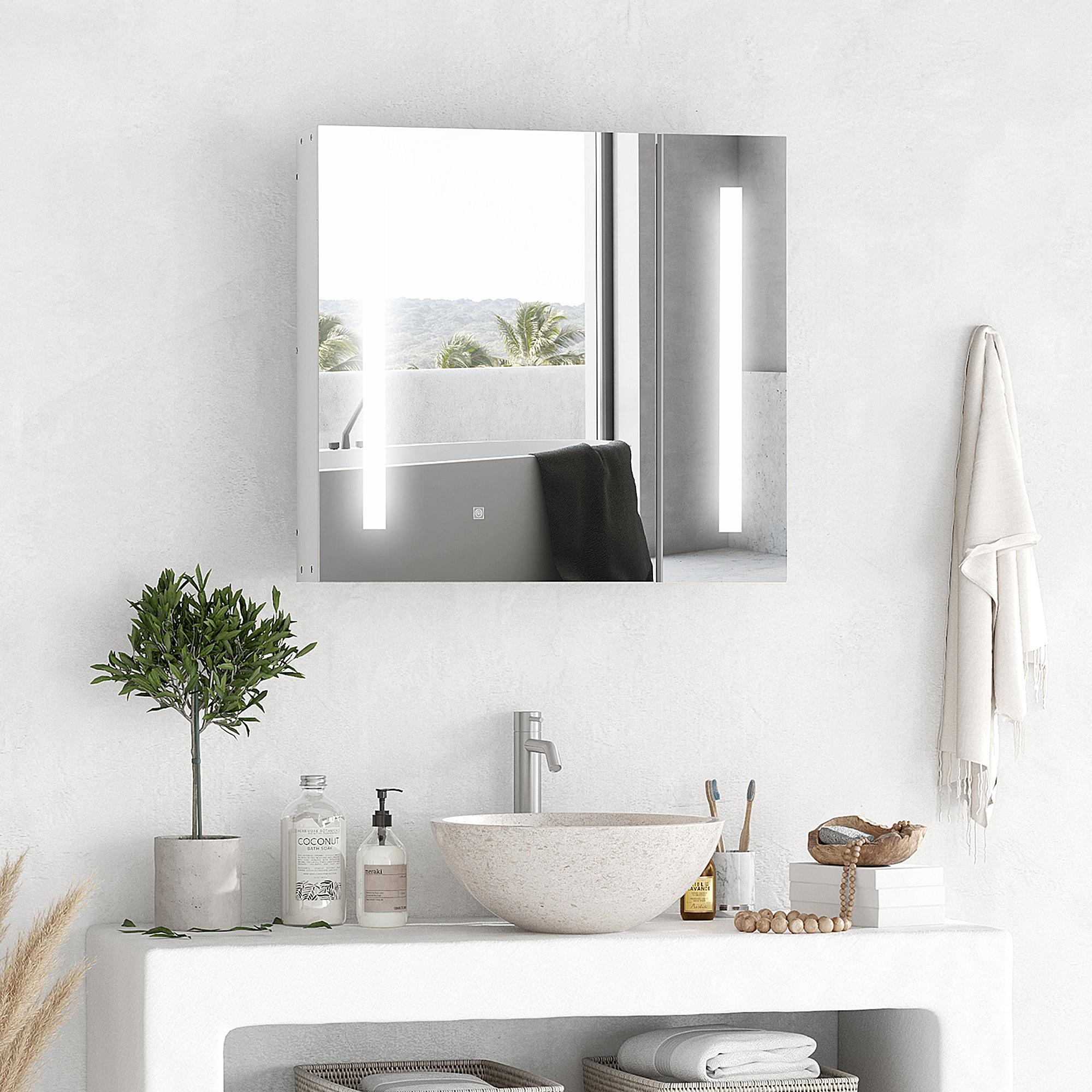 Armario con Espejo de Baño con Luz LED Armario de Baño Colgante con 2 Puertas Función de Memoria e Interruptor Táctil Estilo Moderno 70x15x65 cm Blanco