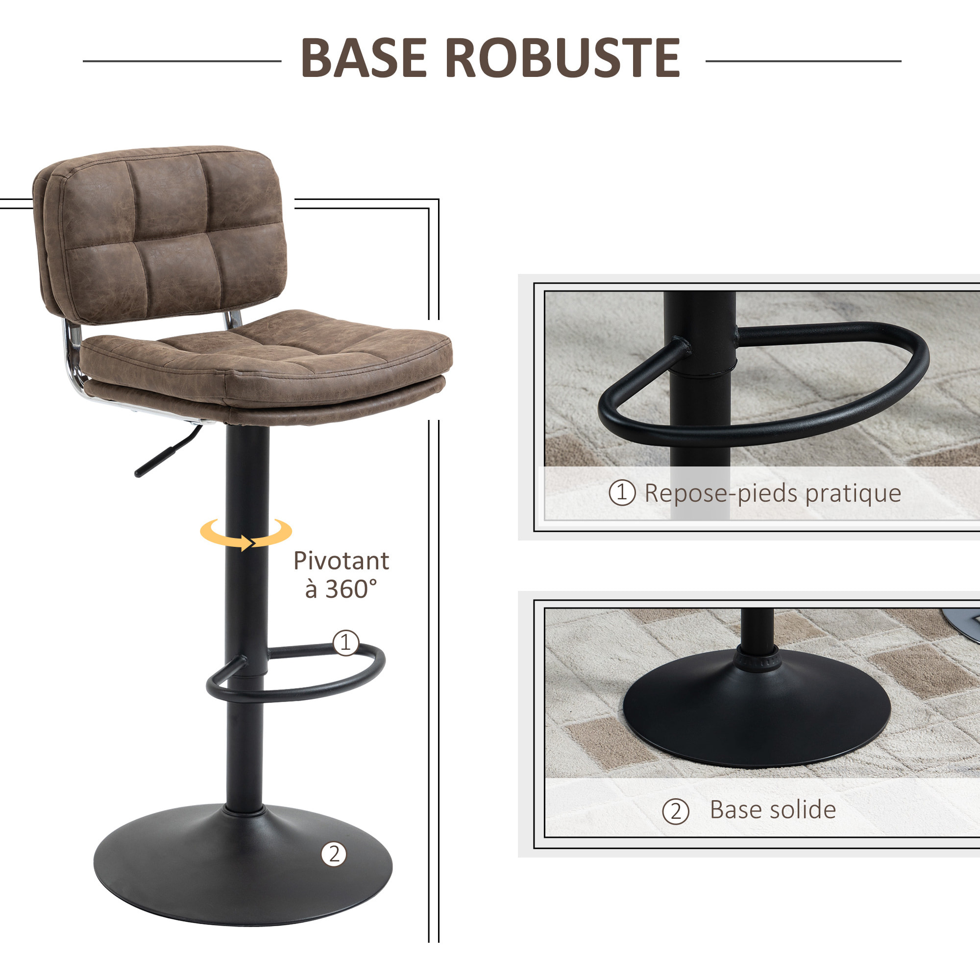 Lot de 2 tabourets de bar – Style vintage – Capitonnés, réglables et pivotants