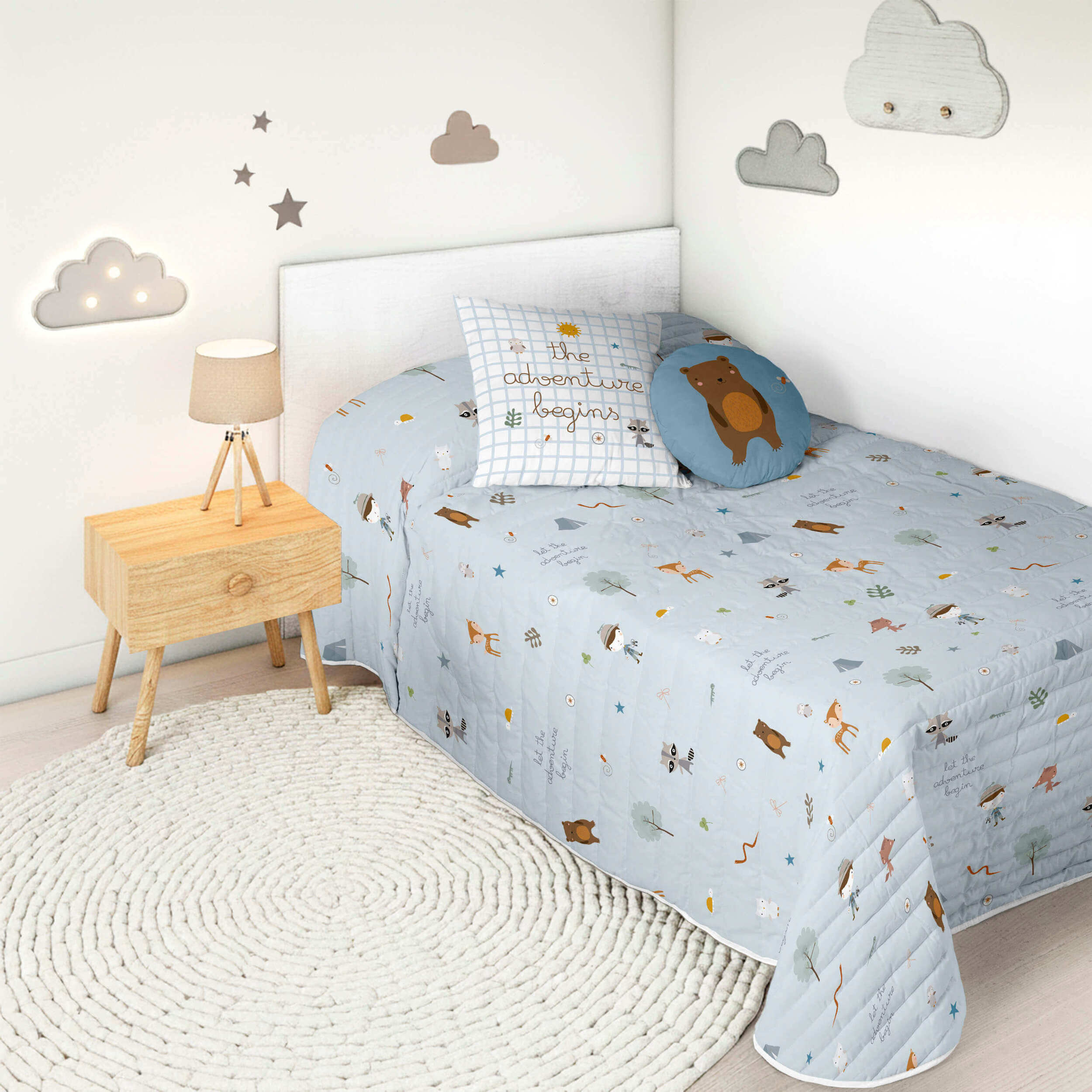 Colcha Bouti Estampada - Reversible - Infantil - 100% Algodón - 70 gr/m² - Aventura Bosque