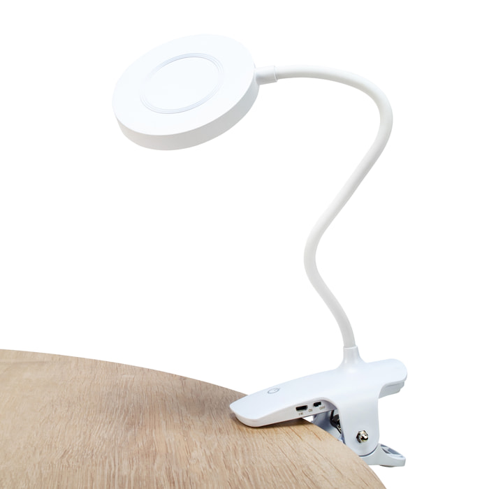 FORLIGHT Lessen Lámpara de escritorio LED Portátil con Regulador de Intensidad. Brazo flexible, pinza de fácil Fijación. Blanco.