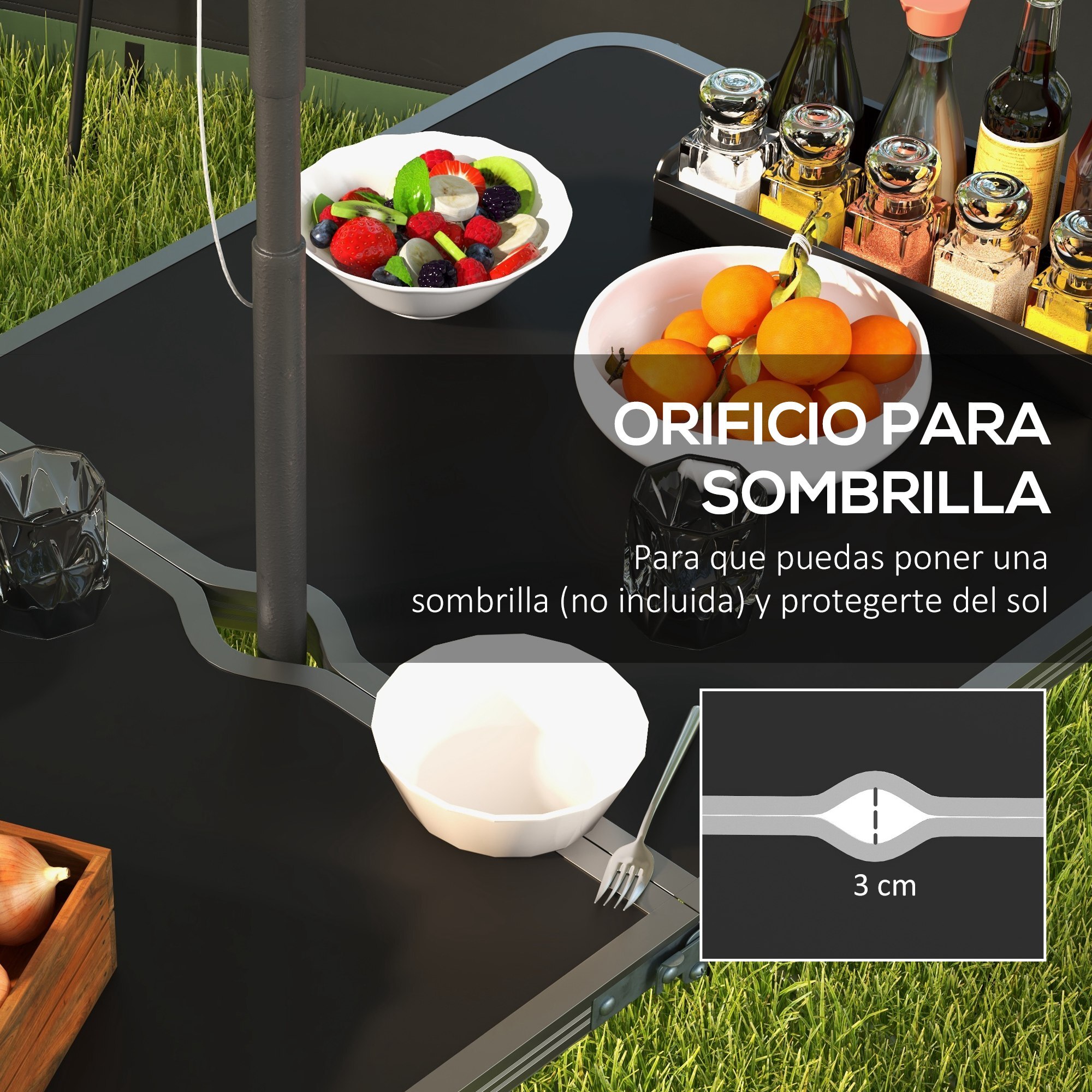 Conjunto de Camping de 5 Piezas Mesa para Camping Plegable con Sillas Incluye 1 Mesa Ajuatsble en Altura con Encimera MDF Orificio para Sombrilla 120x60x55-70 cm y 4 Taburetes Plegables Negro