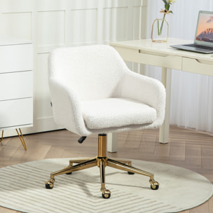 Chaise de bureau style Art déco piètement acier doré assise dossier accoudoirs enveloppant effet laine bouclée crème