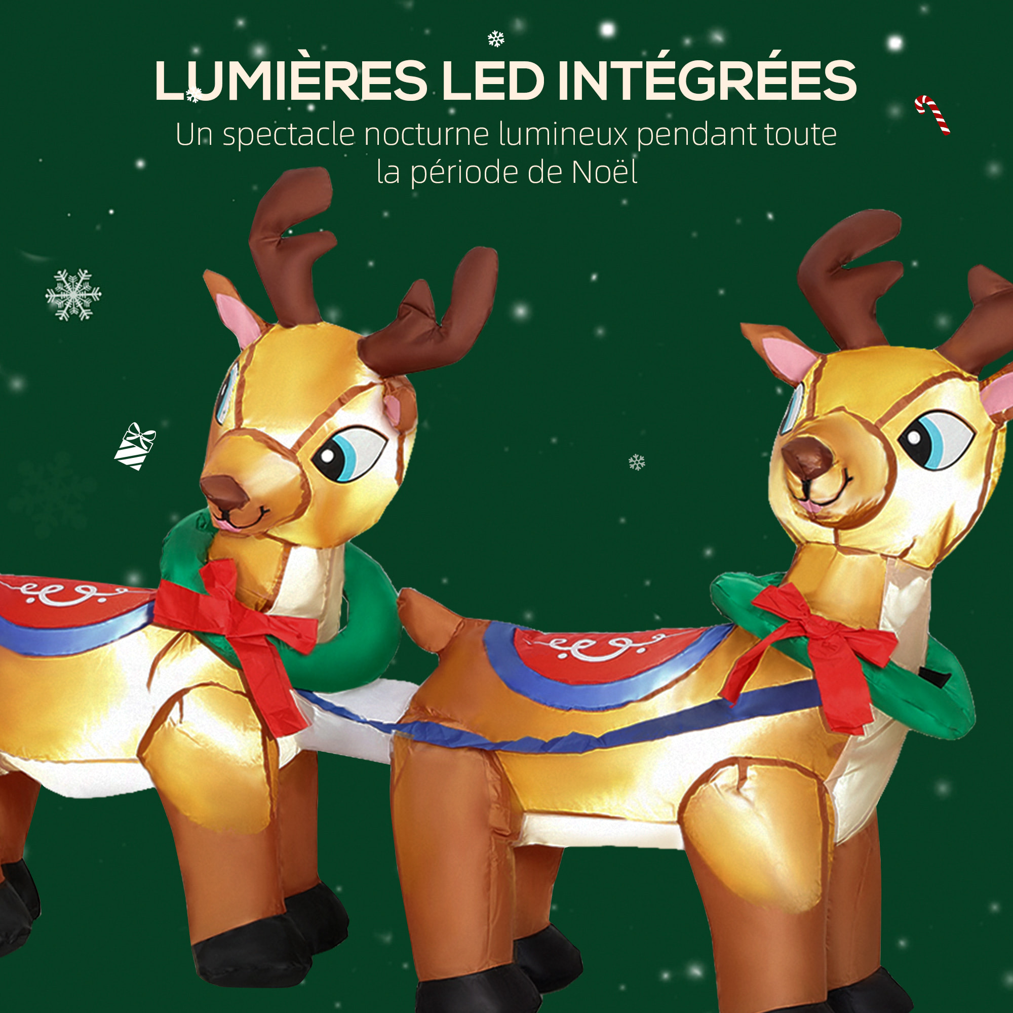 Traîneau Père Noël gonflable LED avec 2 rennes - matériel fixation et souffleur inclus - polyester