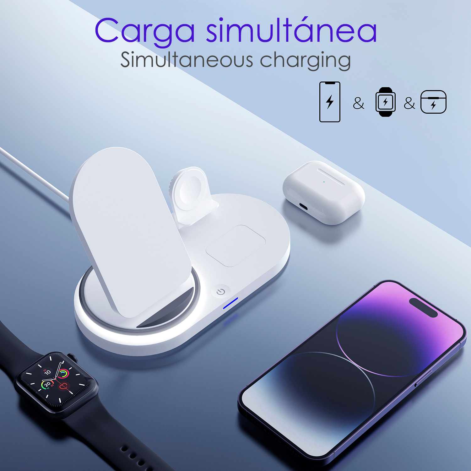 Base di ricarica wireless pieghevole 3 in 1. Base Qi da 15 W a doppia posizione, caricabatterie per Apple Watch e base Qi. Con luce notturna. Funzione supporto.