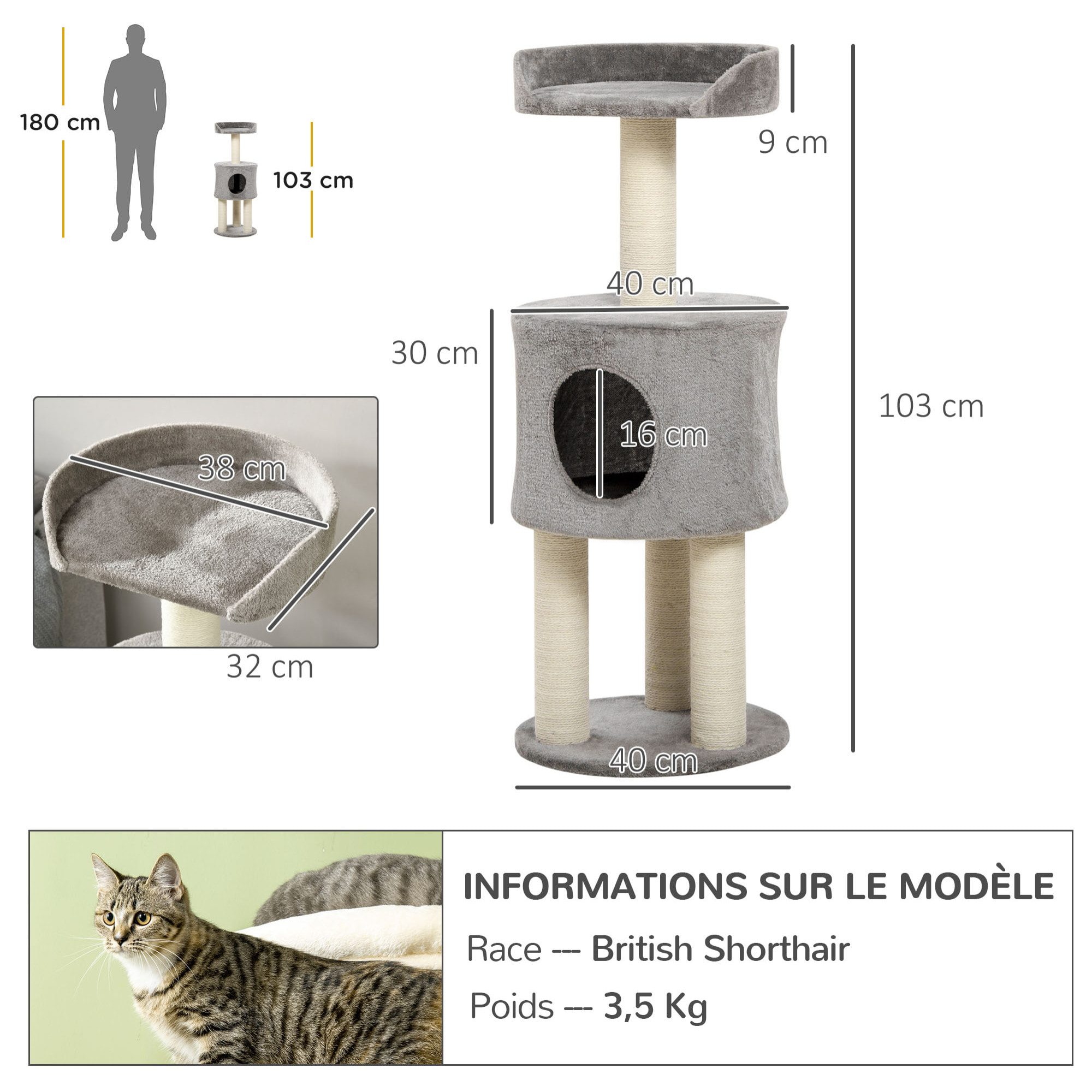 Arbre à chat griffoirs sisal naturel arbre à grimper H.103 cm niche plateforme d'observation peluche grise