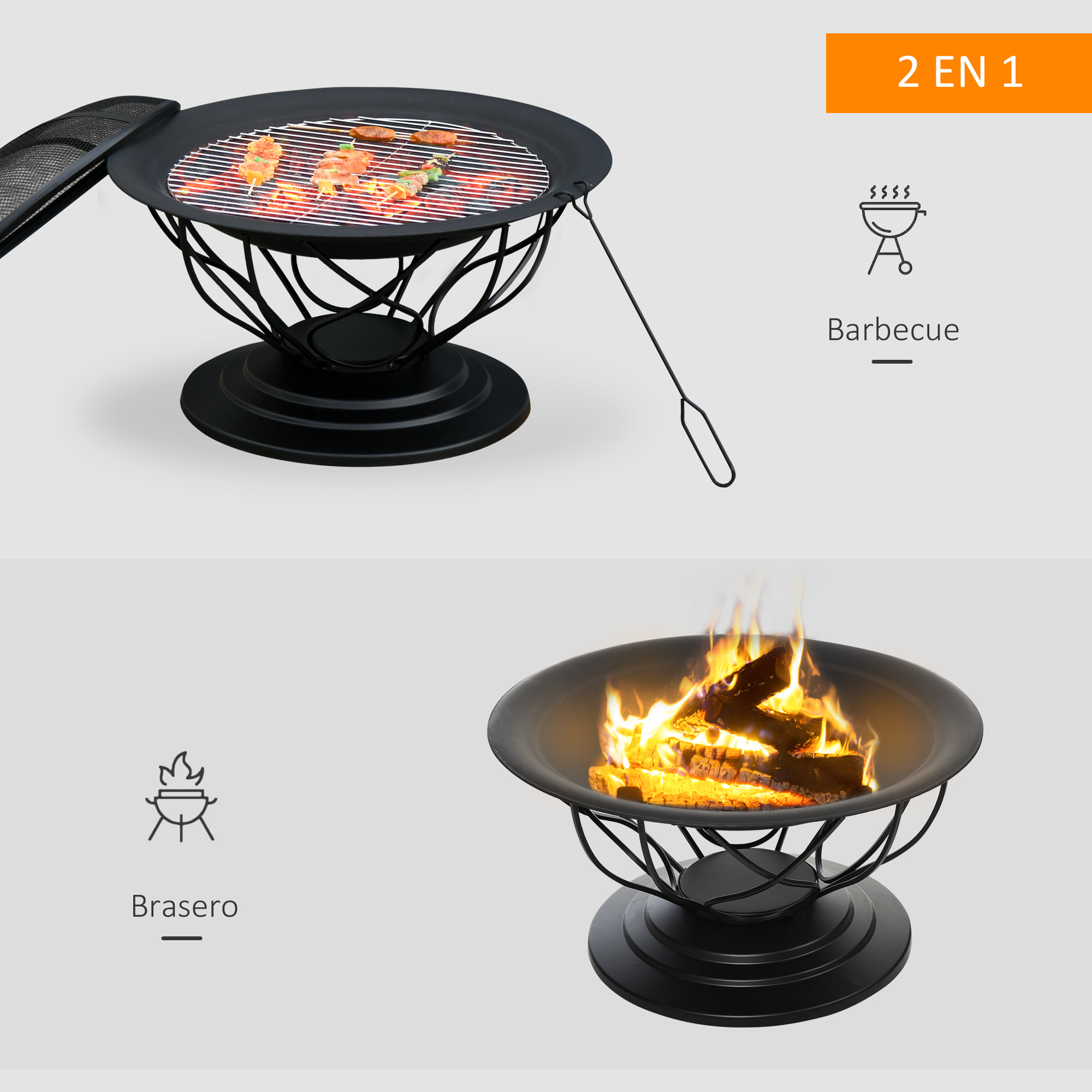Brasero boule de feu cheminée foyer extérieur Ø 75 x 55H cm grille à charbon + cuisson couvercle tisonnier métal noir