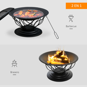Brasero boule de feu cheminée foyer extérieur Ø 75 x 55H cm grille à charbon + cuisson couvercle tisonnier métal noir