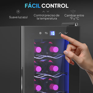 Vinoteca 12 Botellas, Nevera para Vinos con Doble Refrigeración Termoeléctrica, Temperatura Ajustable 8-18℃, Puerta de Vidrio, Anti-UV, Pantalla LED, Luz Interior, Negro