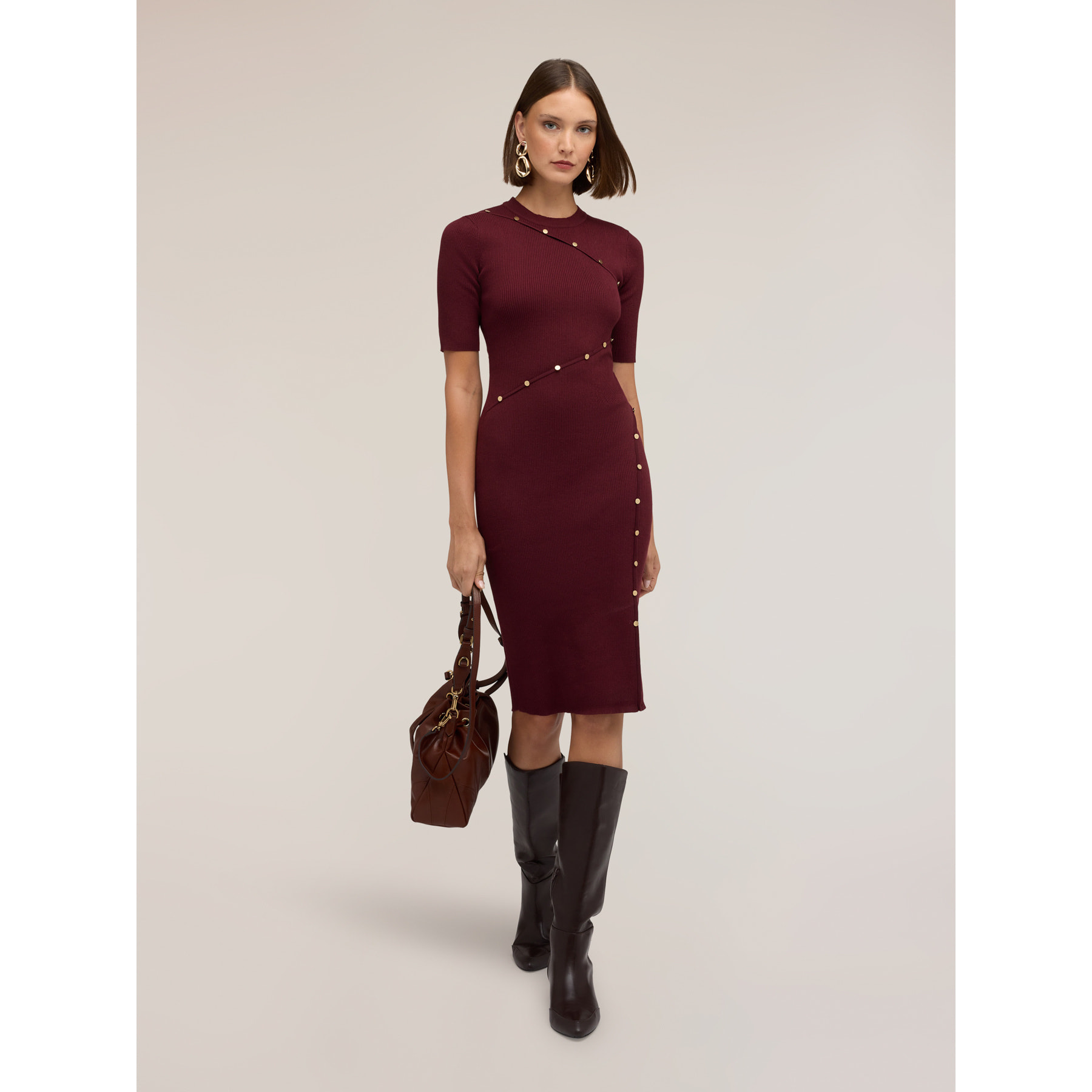 Motivi - Vestito tubino in maglia a costine con bottoncini - Bordeaux