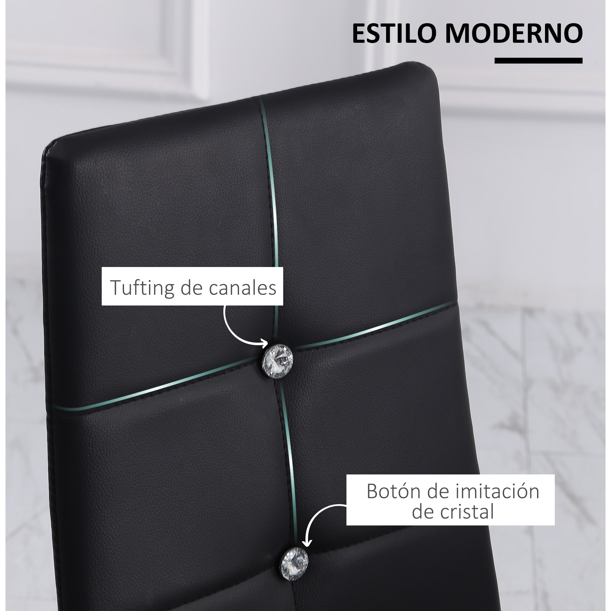 Juego de 6 Sillas de Comedor Tapizada en PU Sillas de Cocina con Respaldo Alto con Botones y Patas de Acero Diseño Moderno para Salón Dormitorio Negro