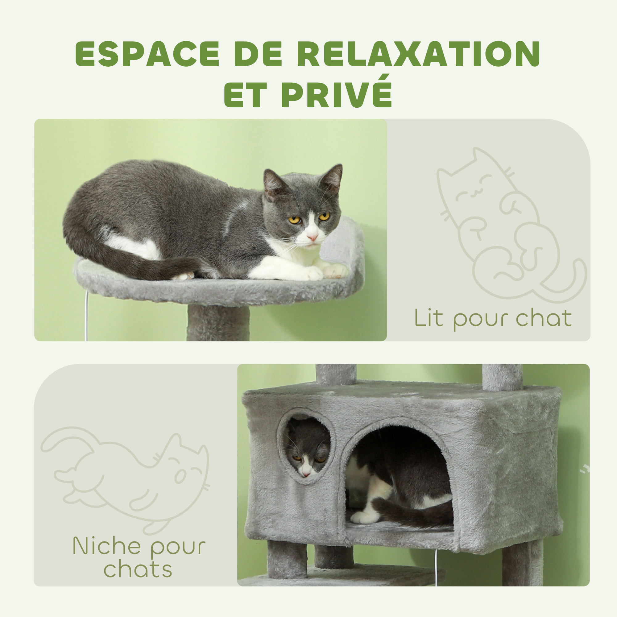 Arbre à chat 2 niches grattoir griffoirs plate-formes 2 niches 2 jouets pompons peluche grise