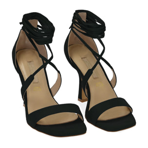 Sandalias negras de microfibra, tacón 10 cm.