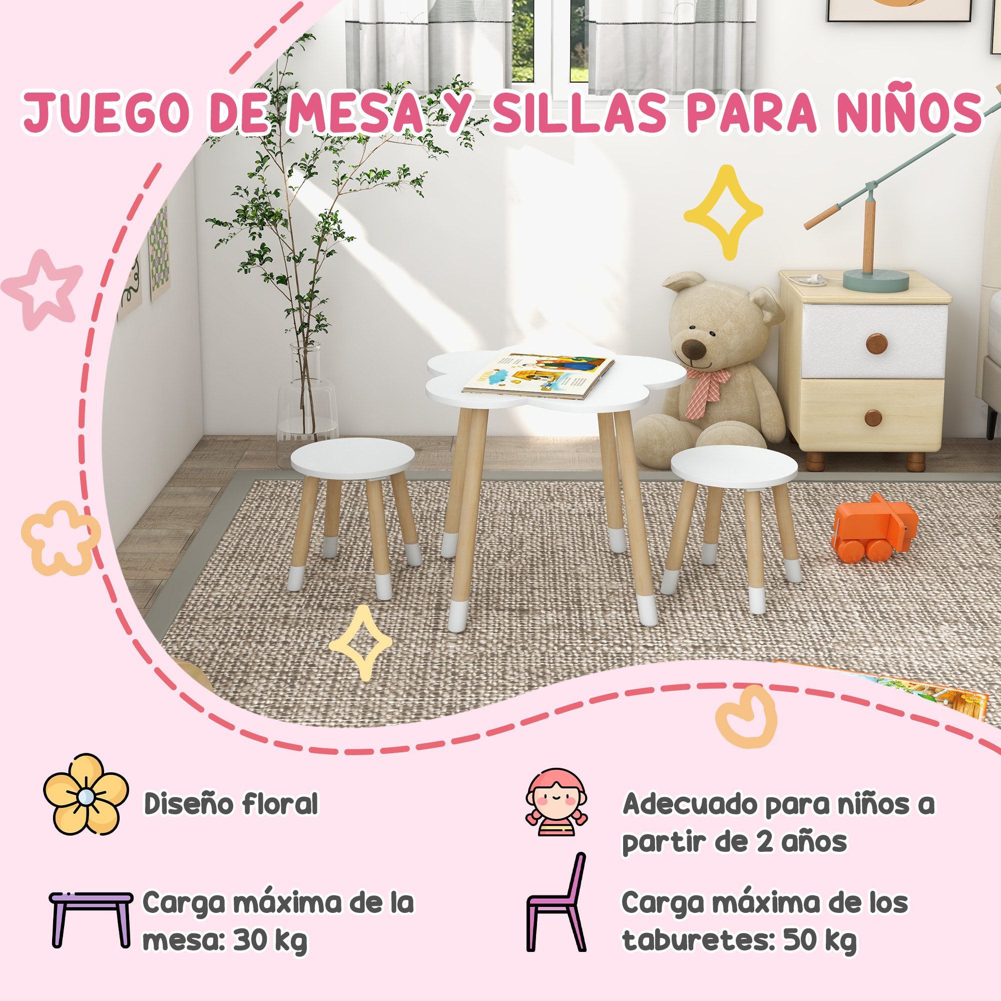 Juego de Mesa y 2 Sillas Infantiles Mesa con Sillas para Niños de 2-5 Años con Mesa en Forma de Flores Ø59x50 cm y Sillas Ø28x26 cm para Dormitorio Sala Blanco y Natural