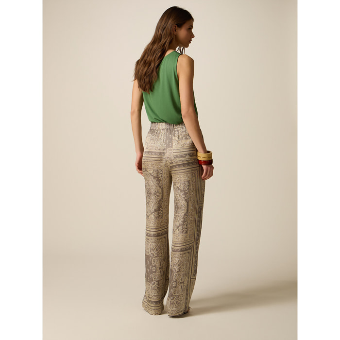 Oltre - Pantaloni palazzo in raso fantasia - Beige