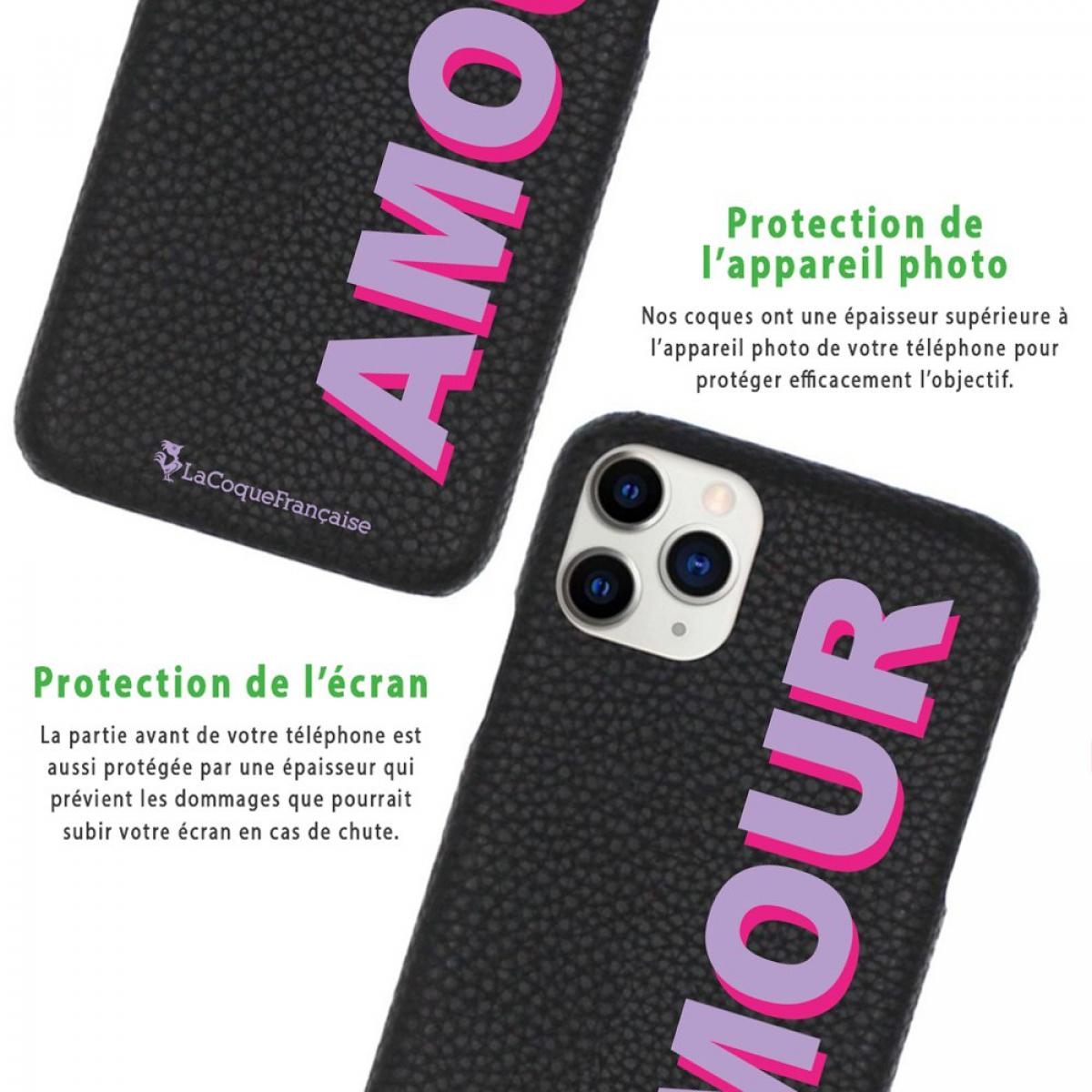 Coque iPhone 11 Pro effet cuir grainé noir Amour parme et fushia Design La Coque Francaise