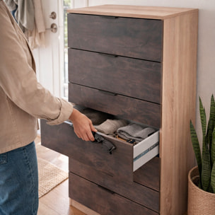 Comò Alto 5 Cassetti Sinfonier Stile Industriale Comodino Mobile Contenitore Salvaspazio Moderno Camera Da Letto 110 x 60 x 40 Cm Rovere E Ossido