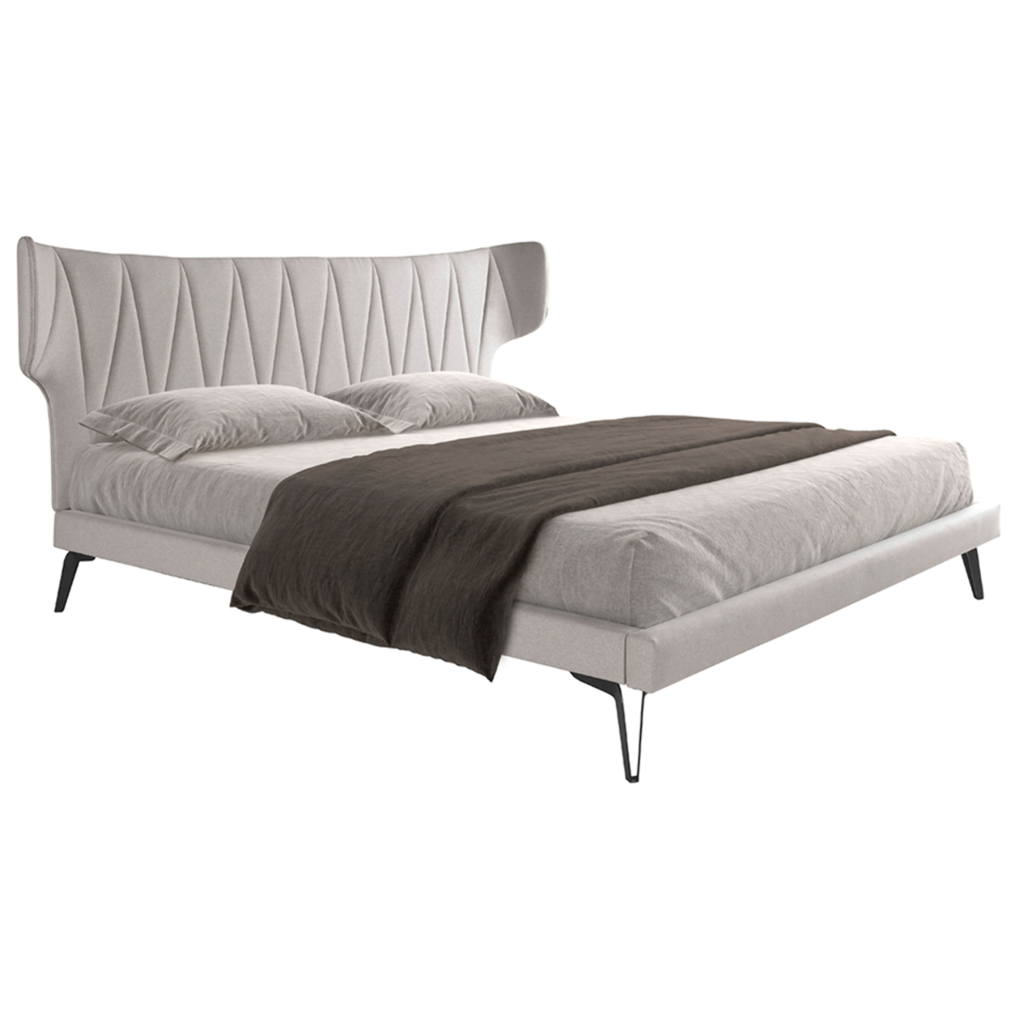 Cama Angel Cerdá de matrimonio con cabecero y estructura en tela gris claro y patas de acero inoxidable en epoxi negro 233x213x112cm