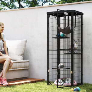 Jaula para Gatos para Exterior e Interior Recinto para Gatos con Cubierta Impermeable 3 Plataformas Hamaca Cojines y Puerta 61,5x55x157 cm Negro