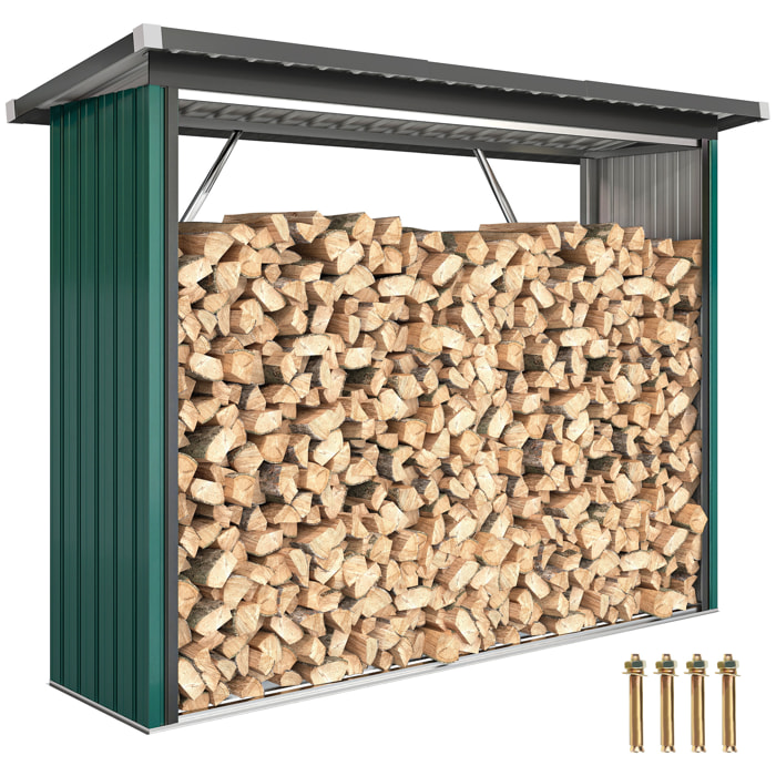 Casetilla para Leña de Acero Galvanizado, Cobertizo Leñero Exterior de Almacenamiento de Troncos, con Base Elevada y Techo Inclinado, 213x66,5x150 cm, Verde