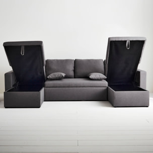 Canapé panoramique convertible en tissu gris foncé. 4 places. coffre rangement. lit modulable
