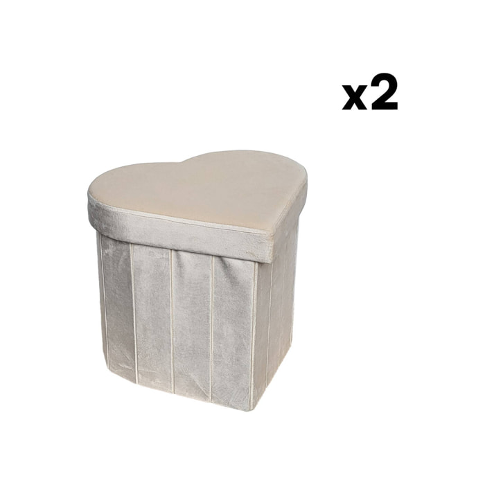 Lot de 2 tabourets-coffre pliables pour enfant avec assise en velours beige et en forme de cœur