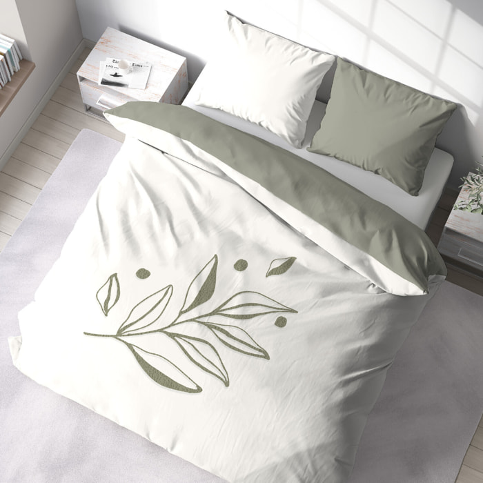 Parure housse de couette imprimé 100% coton - herbier - blanc