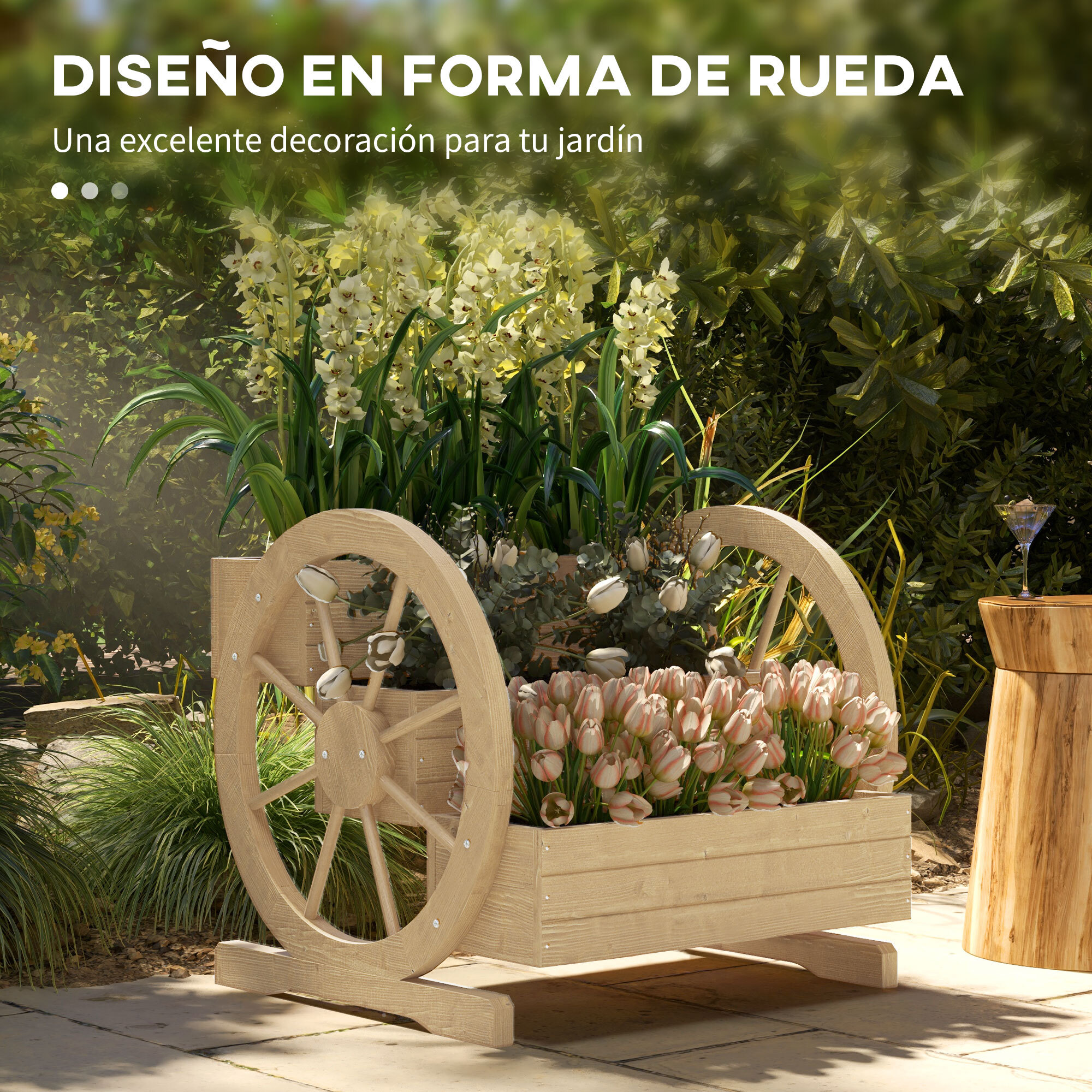 Jardinera de Madera Macetero Exterior de 3 Niveles Diseño de Escalera y Forma de Ruedas Orificios de Drenaje Huerto Urbano Cultivos Plantas Flores en Terraza Jardín 61x62x57 cm
