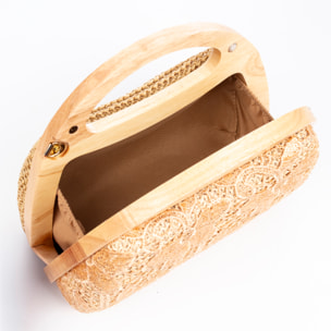 Ausa bolso de mano fabricado en madera natural, con papel trenzado y jute diseño malla de tejido floral