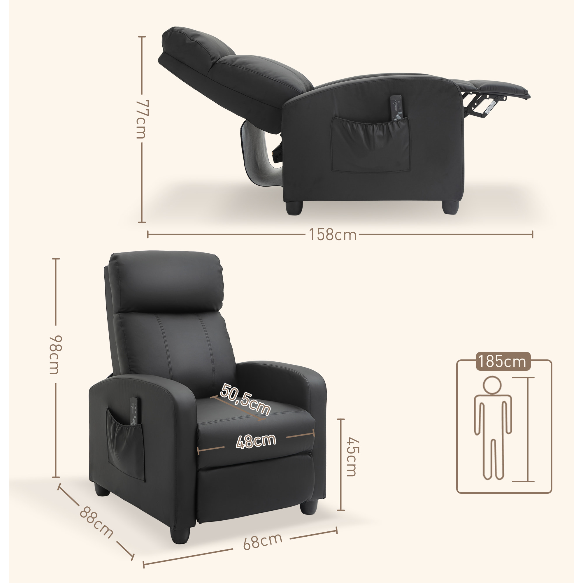 Sillón de Masaje Sillón Relax Reclinable con Mando a Distancia 2 Zonas de Masaje 8 Programas 5 Niveles de Intensidad 1 Bolsillo Lateral y Temporizador Tapizado en PU 68x88x98 cm Negro