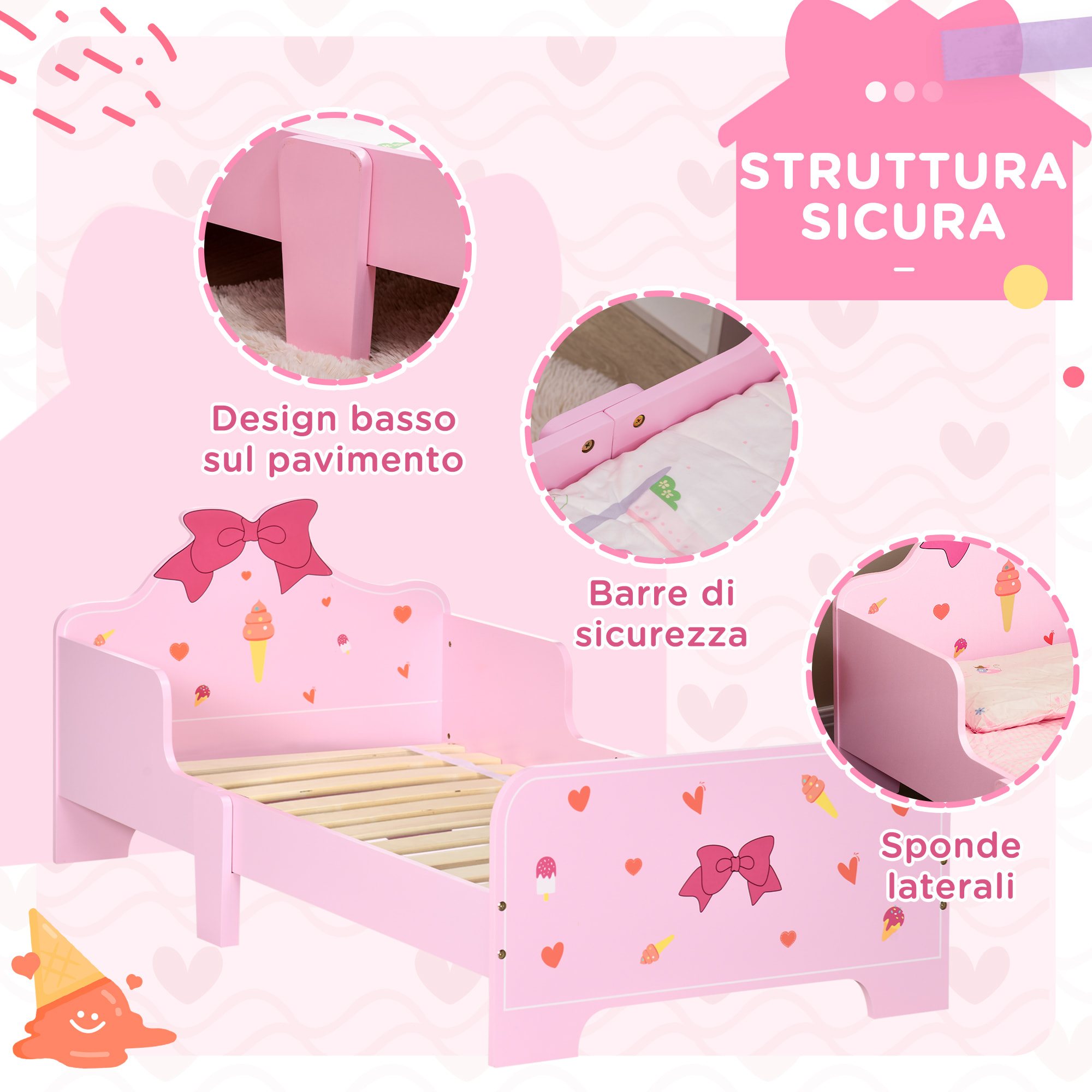 ZONEKIZ Letto per Bambini con Sponde e Fantasia a Fiocchi e Cuori, Età 3-6 Anni, 143x74x59cm, Rosa