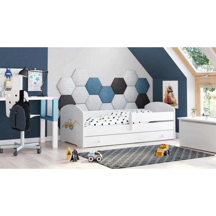Letto per bambini Crising, Lettino per cameretta, Set camera da letto, Struttura porta materasso, 77x144 h56 cm, Bianco con Escavatore