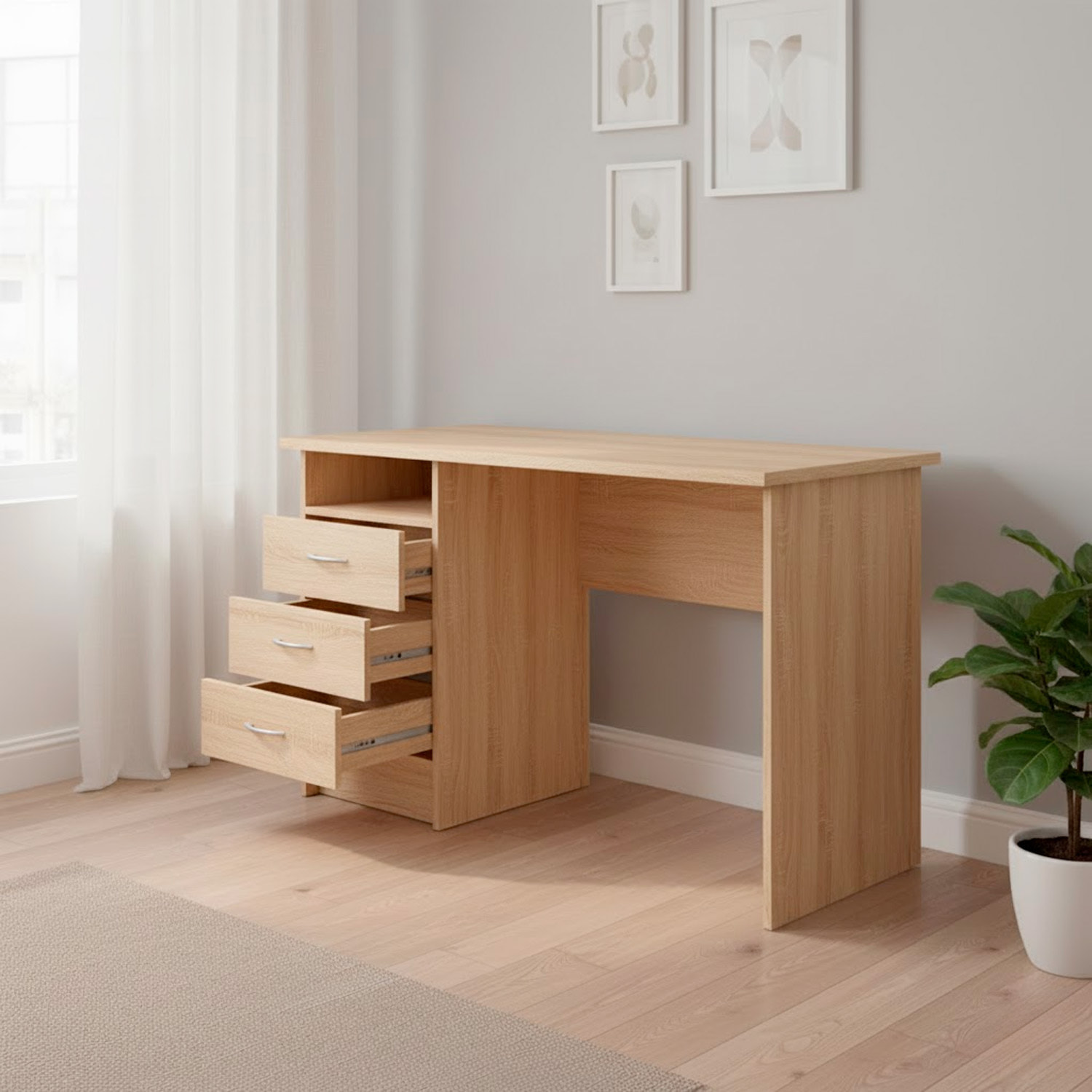 Scrivania Moderna Con 3 Cassetti E Vano a Giorno Desk Salvaspazio Per Home Office Studio E Cameretta Piano di Lavoro Ampio 120.1X48.1X72.6 Cm Rovere