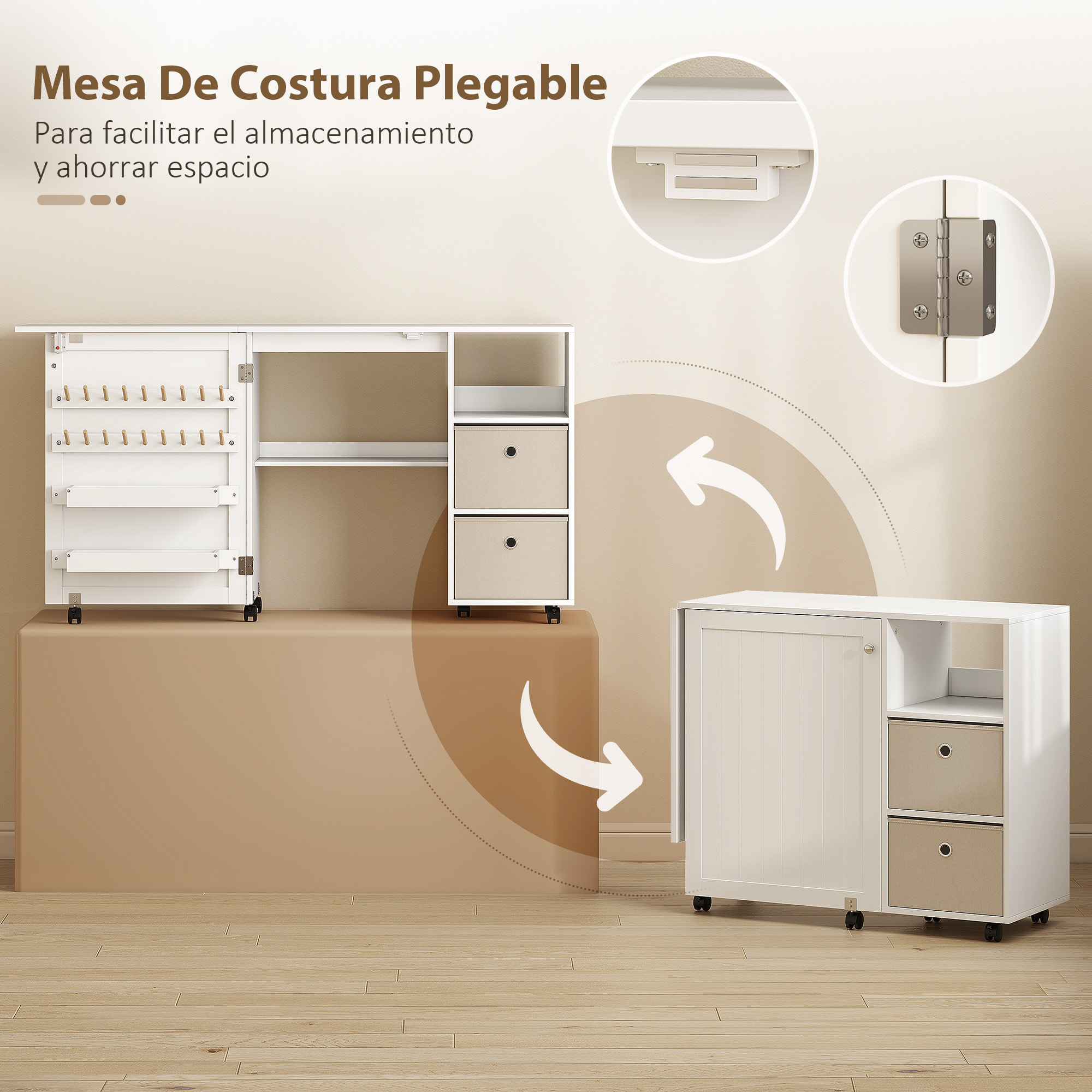 Mesa de Costura Plegable con 6 Ruedas, Mueble para Máquina de Coser con 18 Clavijas para Hilos, 2 Cajones de Tela, 3 Compartimentos, Tomas Corriente Armario de Costura para Estudio Salón Blanco