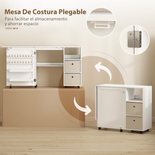 Mesa de Costura Plegable con 6 Ruedas, Mueble para Máquina de Coser con 18 Clavijas para Hilos, 2 Cajones de Tela, 3 Compartimentos, Tomas Corriente Armario de Costura para Estudio Salón Blanco