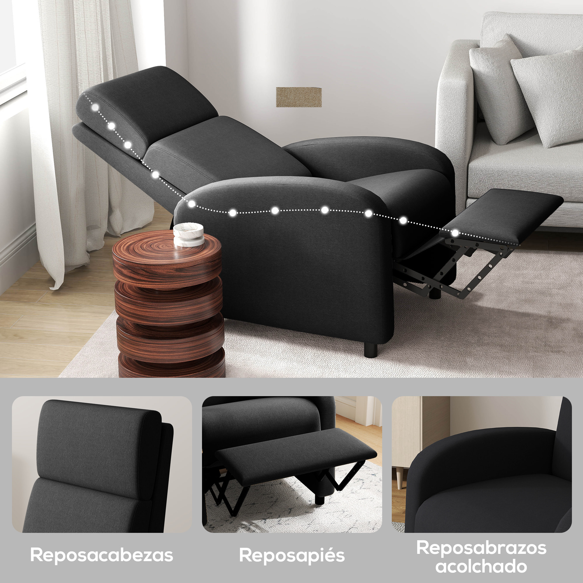 Sillón Relax Reclinable Manual Sillón Relax Tapizado en Lino Sintético con Reposapiés Respaldo Alto Carga 120 kg Butaca Reclinable para Dormitorio Oficina Negro
