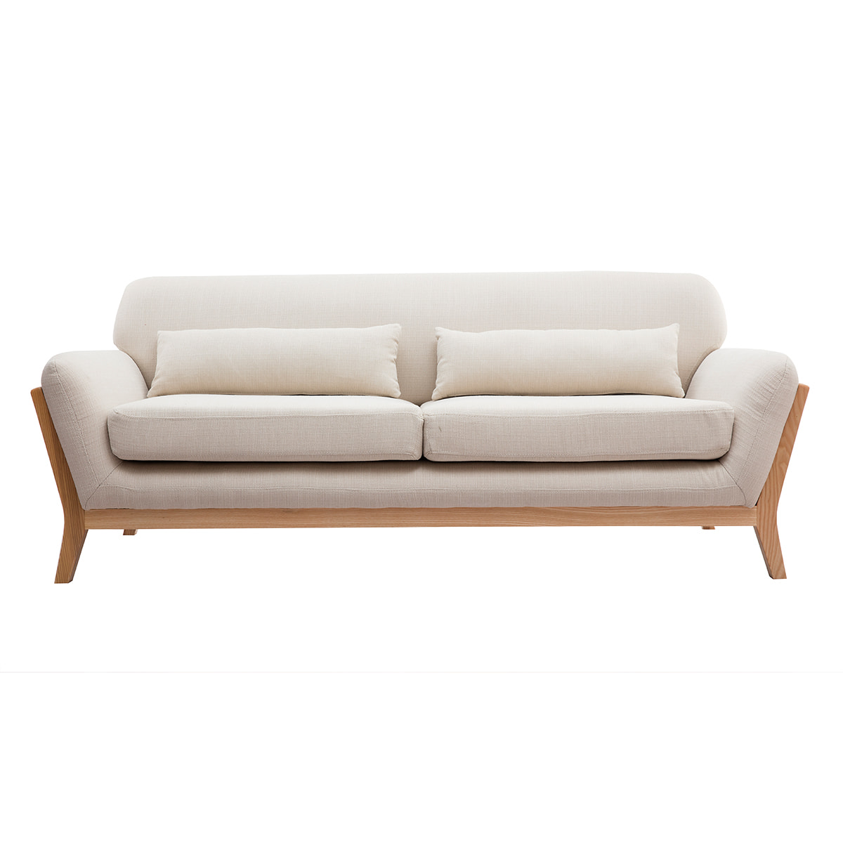 Canapé scandinave 3 places en tissu beige et bois clair YOKO