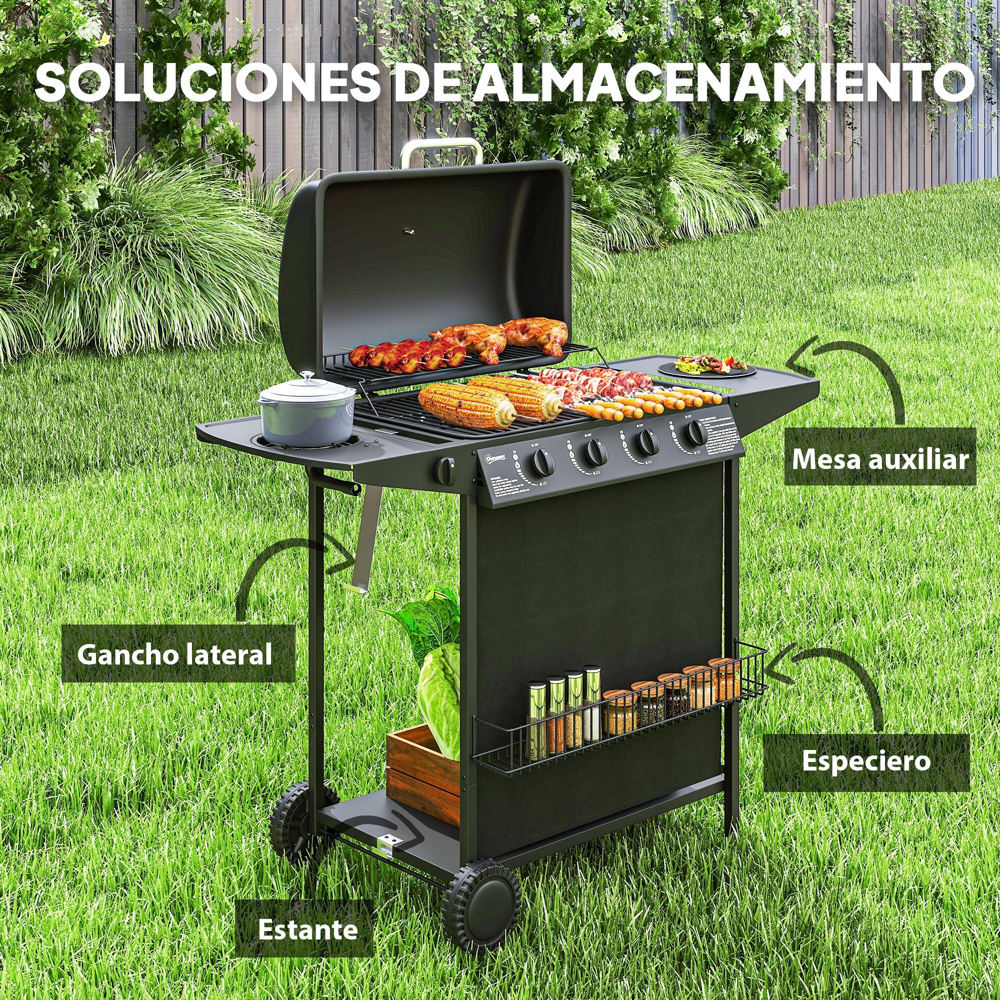 Barbacoa de Gas BBQ Gas con 4+1 Quemadores 12 kW Barbacoa Portátil con Termómetro Mesa Lateral Estante Especiero Parrilla Recogedor de Grasa 2 Ruedas para Jardín Exterior Camping Negro