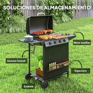 Barbacoa de Gas BBQ Gas con 4+1 Quemadores 12 kW Barbacoa Portátil con Termómetro Mesa Lateral Estante Especiero Parrilla Recogedor de Grasa 2 Ruedas para Jardín Exterior Camping Negro