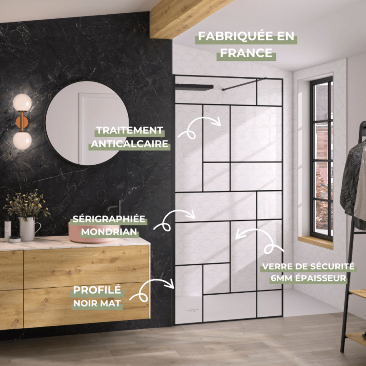 Paroi de douche KINEDO Solo Design + sérigraphié mondrian 120cm profilé Noir mat