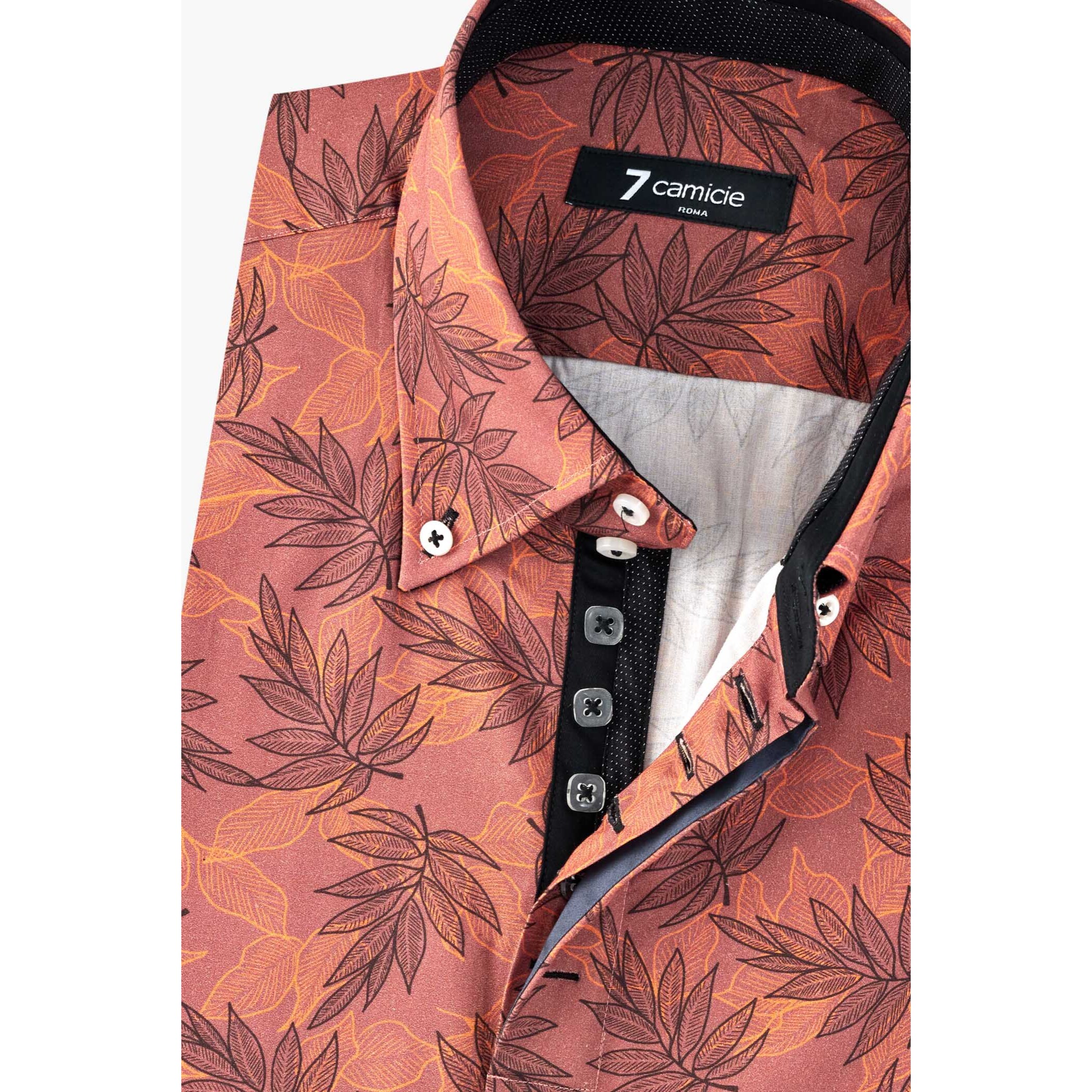 Camicia Uomo 2 Bottoni Button Down Slim Popeline Fantasia Mattone Nero