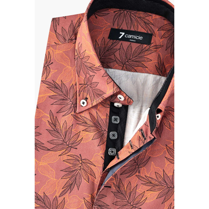 Camicia Uomo 2 Bottoni Button Down Slim Popeline Fantasia Mattone Nero