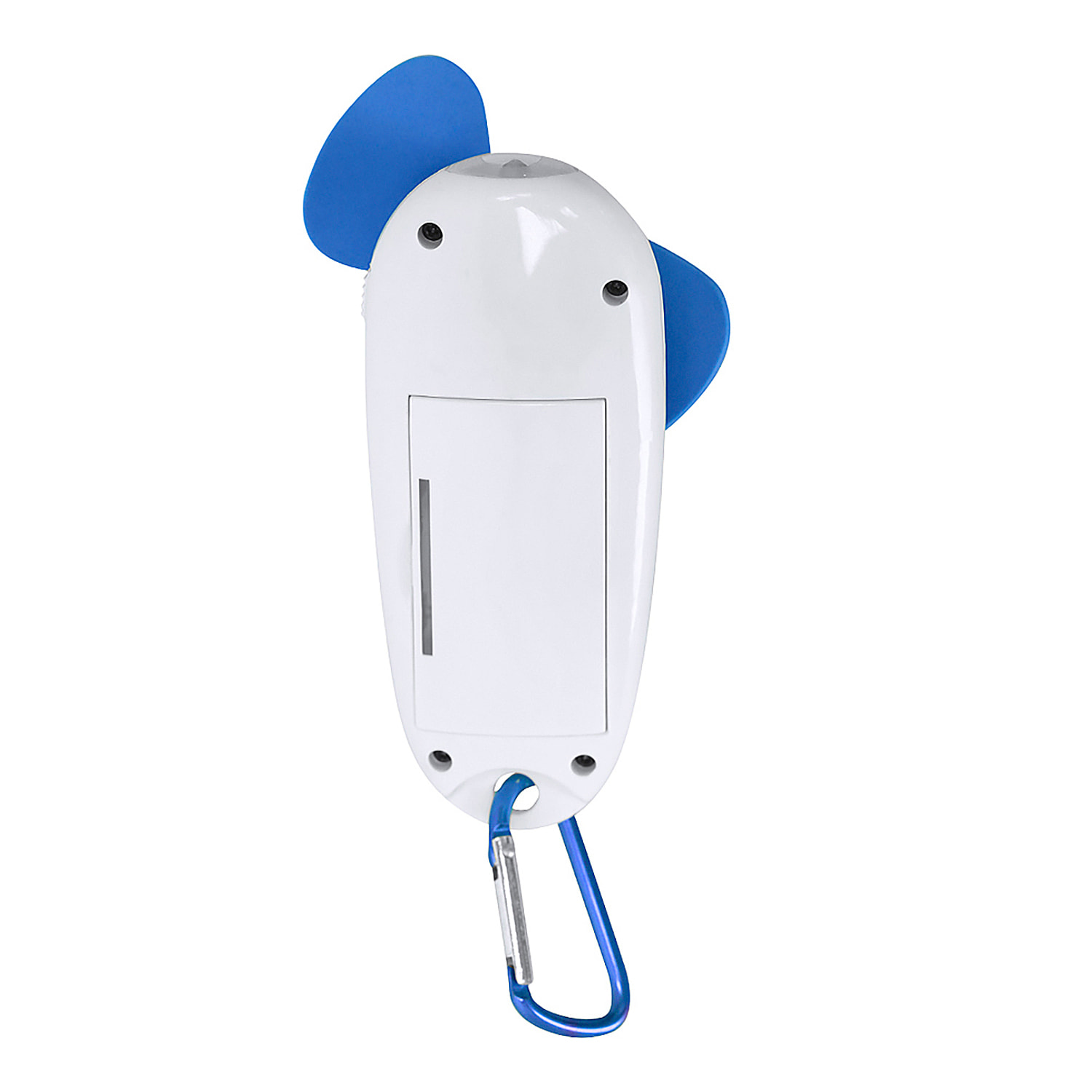 Ventilatore portatile con torcia LED integrata e moschettone per il trasporto.