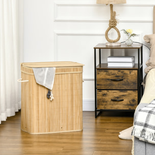 Cesto de Ropa Sucia con Tapa, 90L, Cesta Ropa Sucia de Bambú con 2 Compartimentos, Bolsa Interior Extraíble y Lavable, Asas, para Lavandería, Dormitorio, 54,2x35,2x59,5 cm, Natural