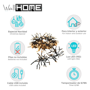 guirnalda de 192 luces led blanco extra cálido con 8 funciones y temporizador - 1,4 metros