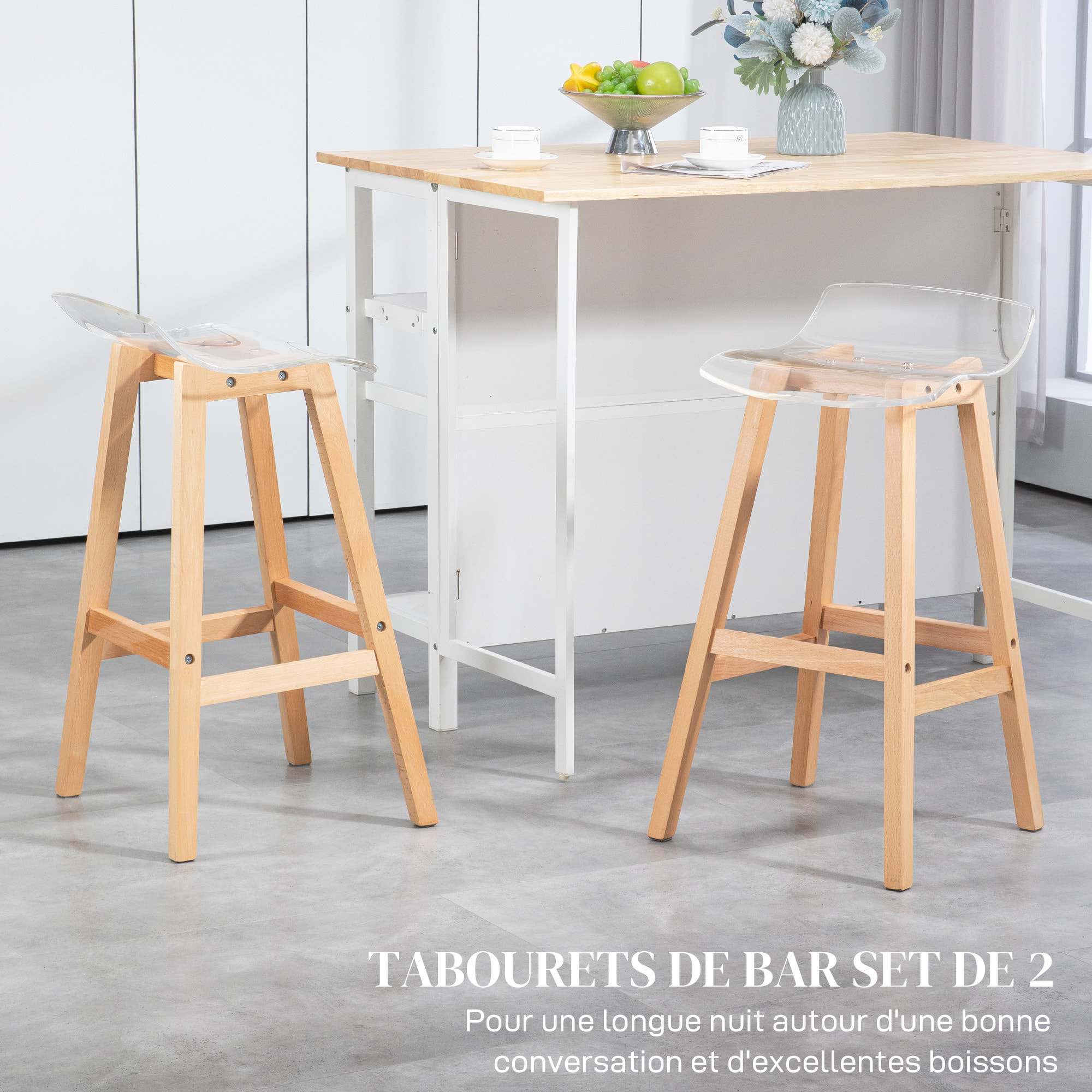 Lot de 2 tabourets de bar design contemporain bois de hêtre assise acrylique transparent