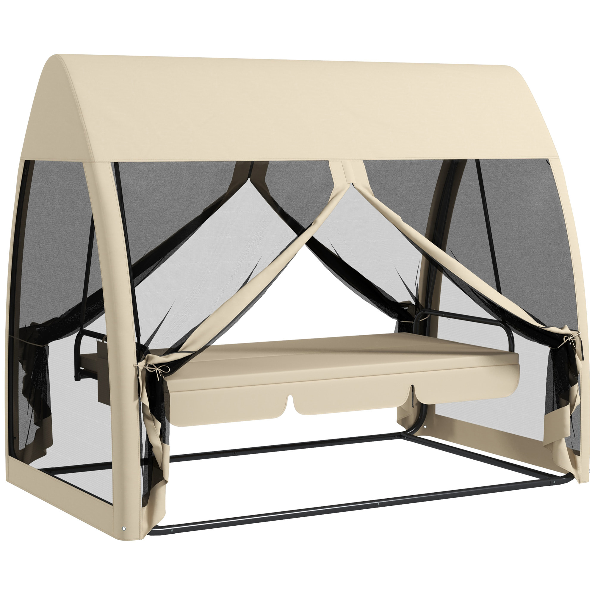 Balancín de Jardín de 3 Plazas Convertible en Cama Columpio Jardín Exterior con Mosquitera Estructura de Metal Carga 300 kg 240x140x197 cm Beige