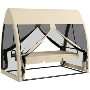 Balancín de Jardín de 3 Plazas Convertible en Cama Columpio Jardín Exterior con Mosquitera Estructura de Metal Carga 300 kg 240x140x197 cm Beige