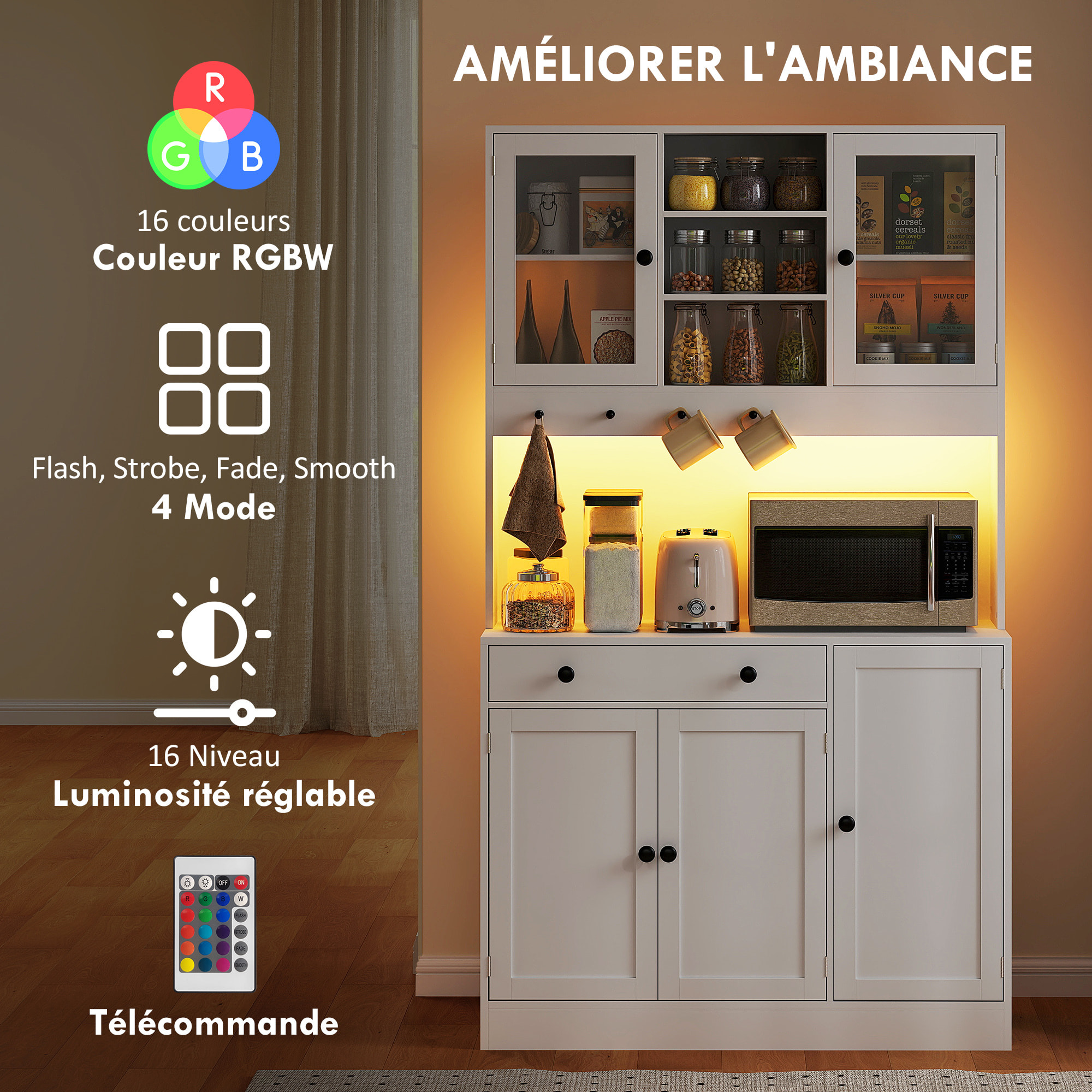 Buffet haut LED multi-rangement dim. 103 x 40 x 180cm poignées boutons noir blanc